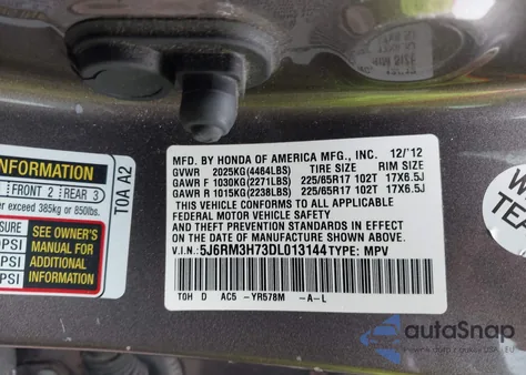 2013 Honda Cr-V Ex-L z USA, uszkodzony, nr VIN 5J6RM3H73DL013144